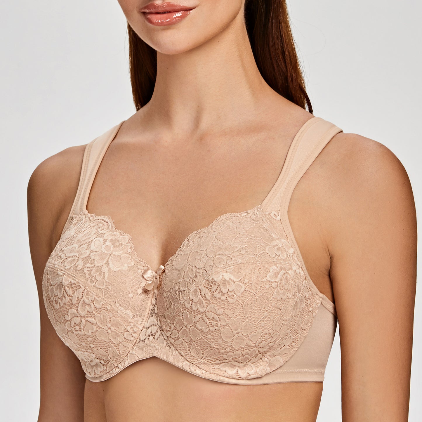 MELENECA Floral Lace Non-Padded Minimizer Underwire Bra in Pale Nude