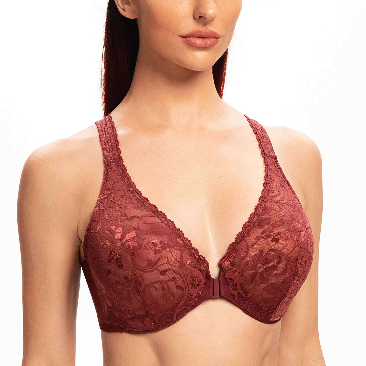 MELENECA Front Closure Racerback Stretch Lace Underwire Bra