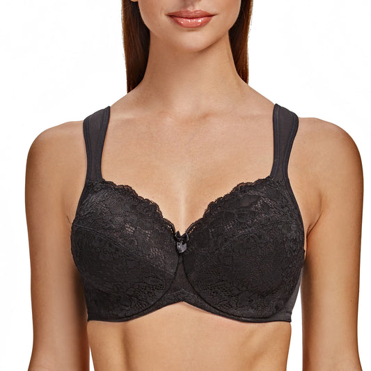 MELENECA Floral Lace Non-Padded Minimizer Underwire in Bra Black