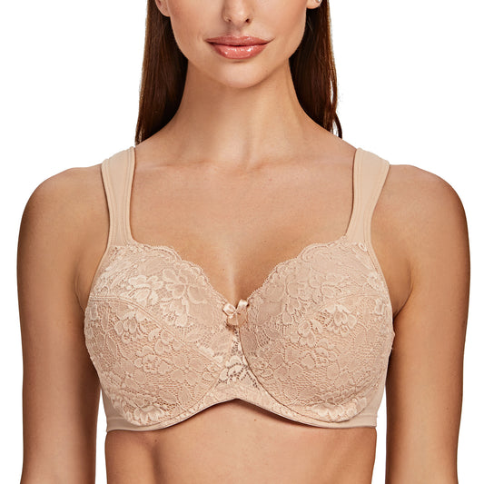 MELENECA Floral Lace Non-Padded Minimizer Underwire Bra in Pale Nude